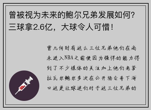 曾被视为未来的鲍尔兄弟发展如何？三球拿2.6亿，大球令人可惜！